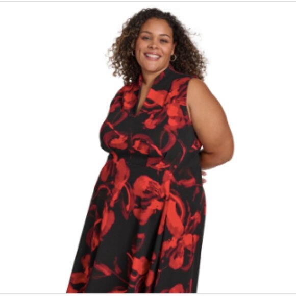 Calvin Klein Plus Size Printed Split-Neck Sleeveless Dress - Black Red - Picture 3 of 4
